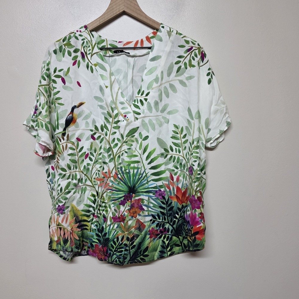 IVKO Woman Tropical Forest Print Tunic Blouse Size 44 Off White 100%‎ Viscose